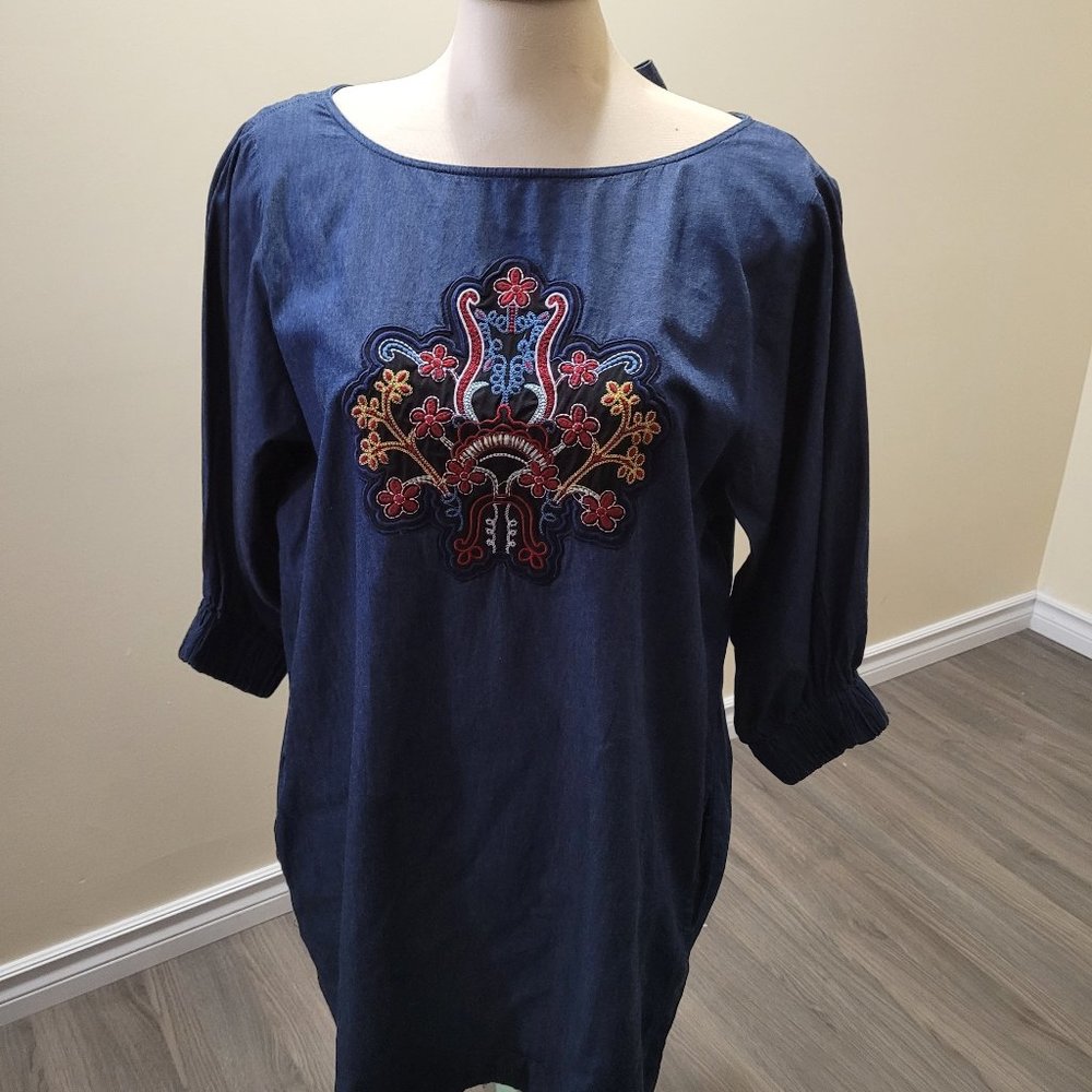 jeans style dress with floral center design